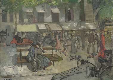 Couple on a bench in a busy street scene