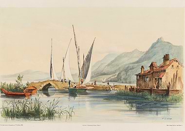 Boats on a River with a Bridge and House