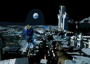 Astronaut on a Lunar Base with Earth View