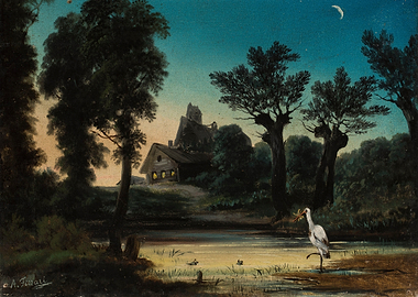 Night scene with heron and farmhouse