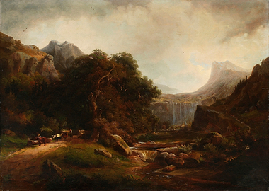Pastoral Landscape with Waterfall and Mountains