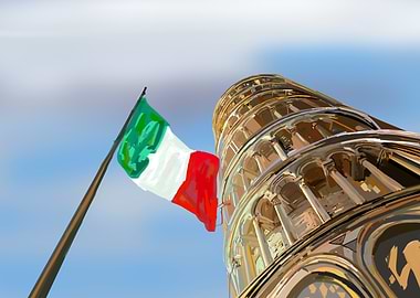 Tower of Pisa with Italian Flag