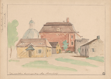 Watercolor painting of old buildings