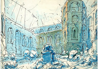 Sketch of Ruined Courtyard with Fountain