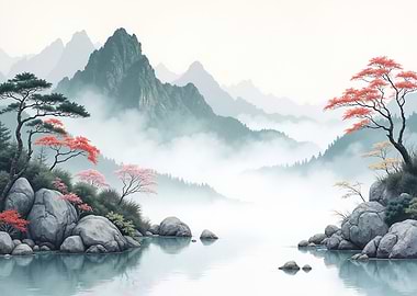 Misty Mountain Landscape with Autumn Trees