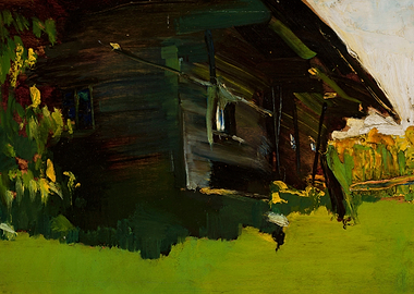 Impressionistic painting of a rustic wooden building