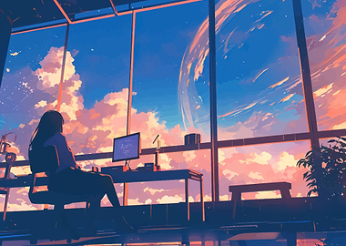 Girl at Desk Looking at Sky