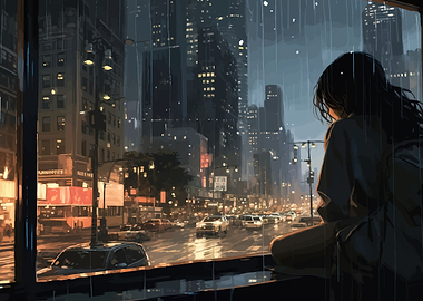 Woman Watching Rainy Cityscape