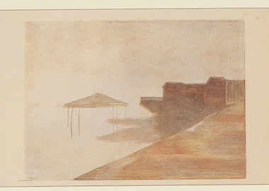 Misty Waterside Scene with Gazebo and Structure
