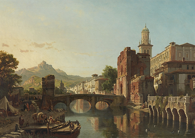 Italian Riverside Cityscape with Bridge