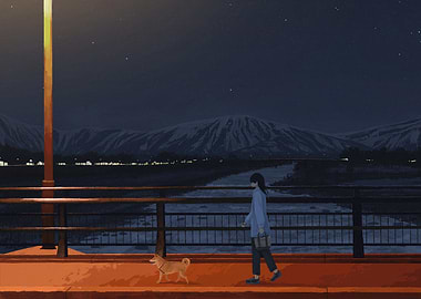 Girl walking dog at night