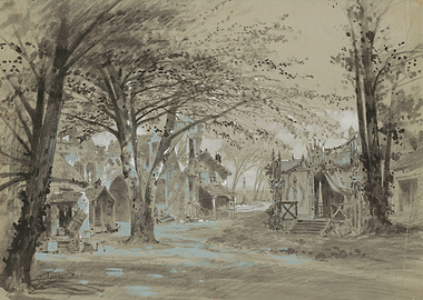 Sketch of a Village Scene with Trees
