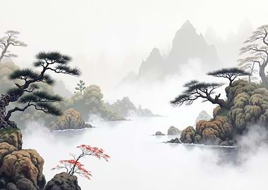 Misty Mountain Landscape with Pine Trees