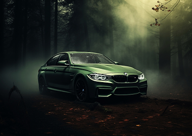 Green BMW M3 in Misty Forest