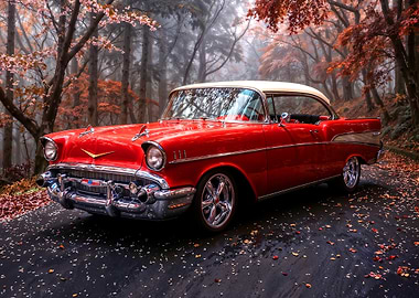 Classic Red car in Autumn Forest