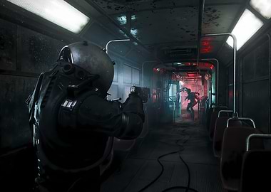 Sci-fi soldier in a derelict train