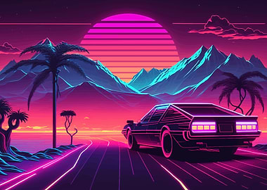 Retro Car Driving at Sunset