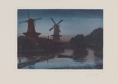 Windmills by the Water at Dusk