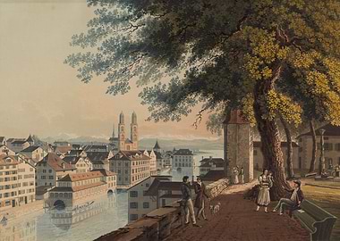Cityscape with River and People