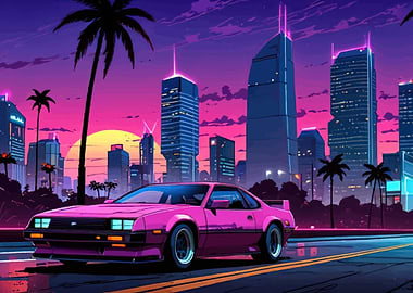 Retro Pink Sports Car in Neon Cityscape