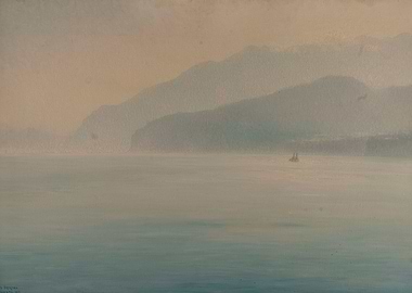 Misty Mountains Over a Calm Sea