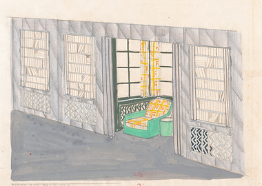 Interior design sketch of a library nook