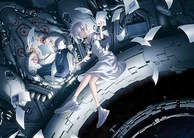 Girl and Robot in Sci-Fi Environment