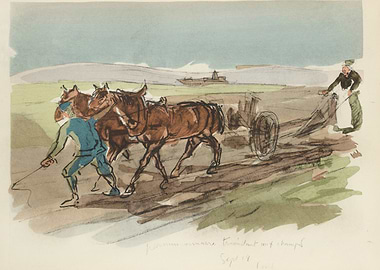 Farmers Plowing a Field with Horses