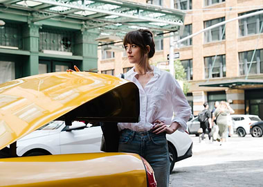 Woman by yellow car in city