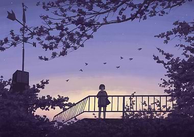 Girl watching birds at sunset