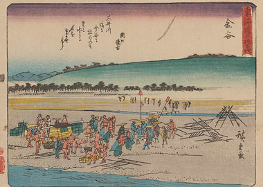 Ukiyo-e print of workers by a river