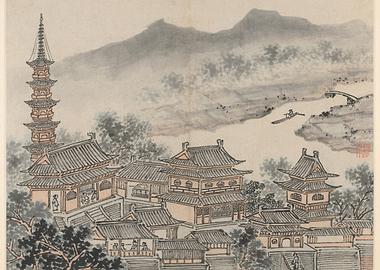 Traditional Chinese Pagoda and Village Scene