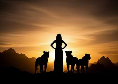 Woman and Lions at Sunset