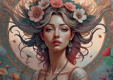 Woman with Flower Crown and Ornate Background