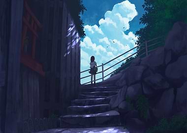 Girl on stairs looking at sky
