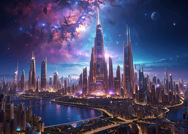 Futuristic Cityscape Under a Cosmic Sky