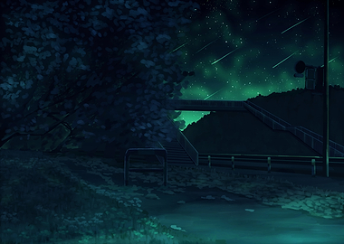 Night Sky with Meteor Shower Over Landscape