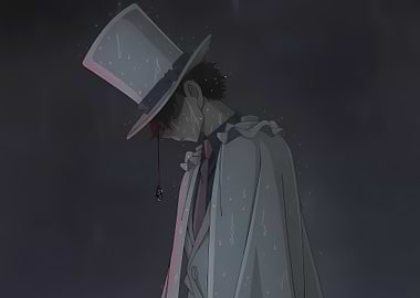 Sad character in a top hat in the rain