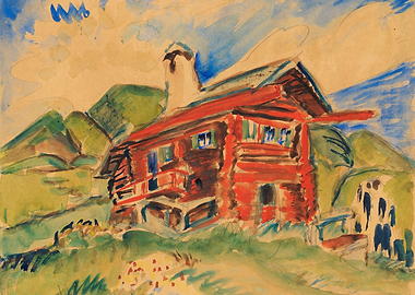 Watercolor of a Red Alpine Chalet
