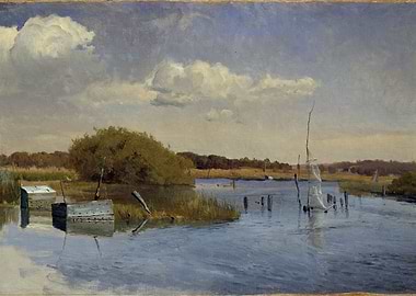 Waterway with Structures and Clouds