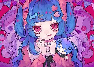 Anime Girl with Blue Hair and Strawberry