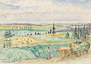 Rural landscape with farmer and ox cart