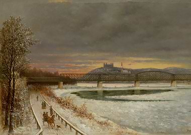 Winter Sunset Over a Frozen River and Bridge