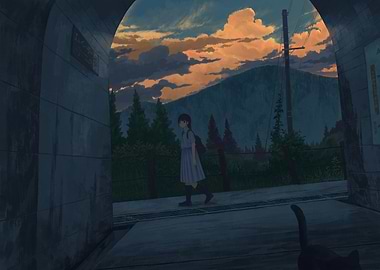 Girl walking at sunset with cat