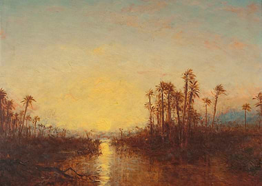 Sunset Over Tropical Swamp with Palm Trees