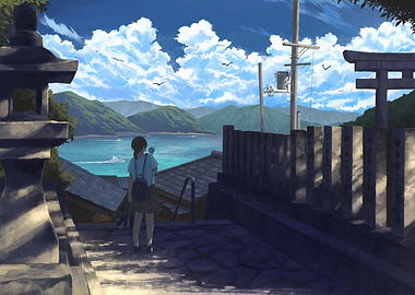 Girl overlooking a serene Japanese bay