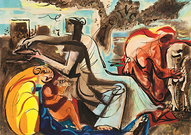 Abstract figures in a garden setting