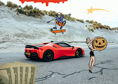 Skeleton Skater, Pin-up Girl, and Ferrari