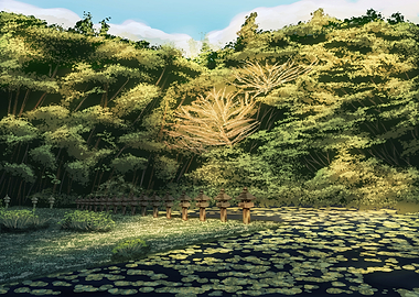 Tranquil Japanese Garden with Lanterns and Pond