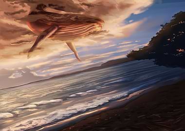 Whale in the Clouds Over the Ocean